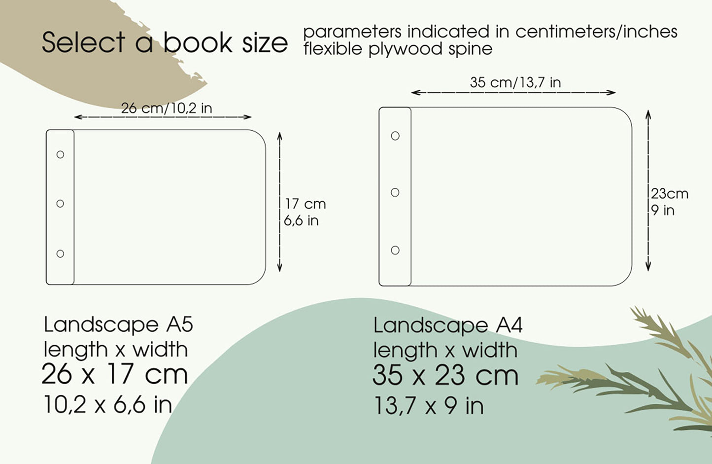 Measurement chart for book sizes A5 and A4 with dimensions in centimeters and inches.