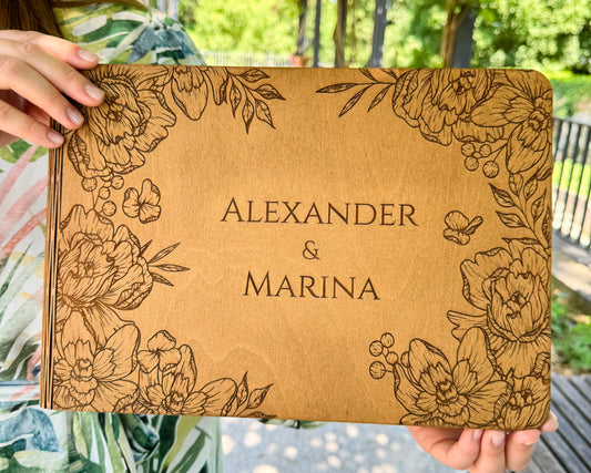 Personalized wooden photo album Wedding scrapbook guest book