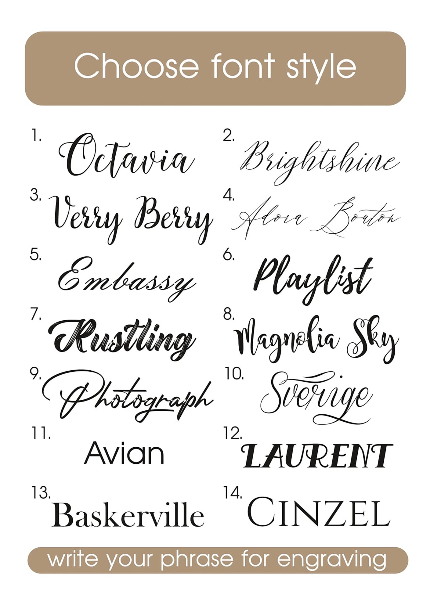 List of font styles for engraving with a beige border and text input area.