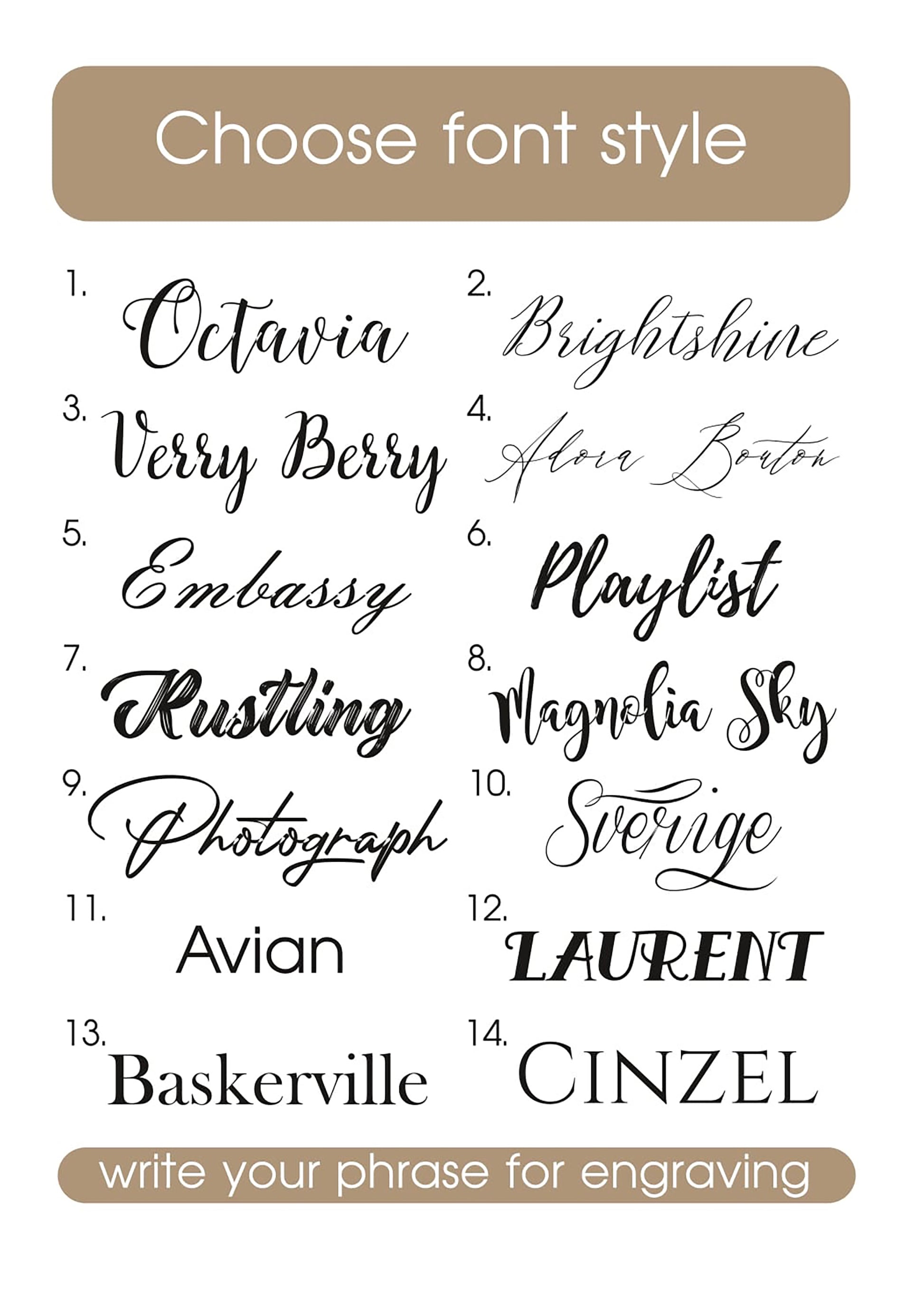 List of font styles for engraving with a beige border and text input area.