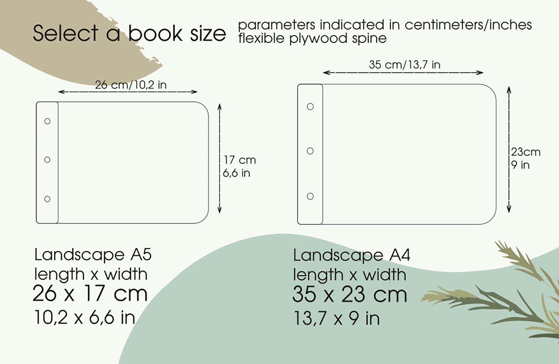 Measurement chart for book sizes A5 and A4 with dimensions in centimeters and inches.