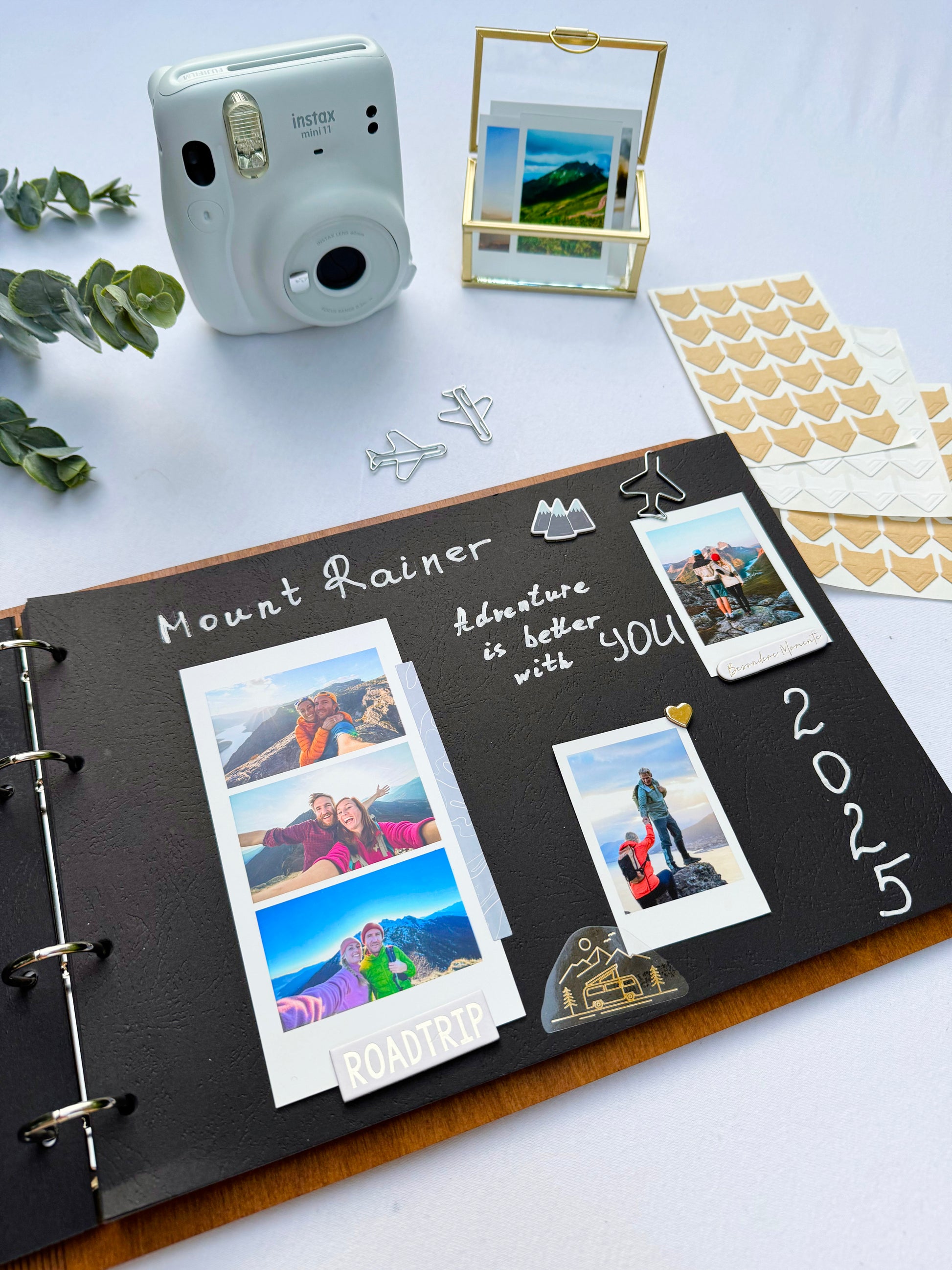 Personalized wooden photo album with engraved names on cover
